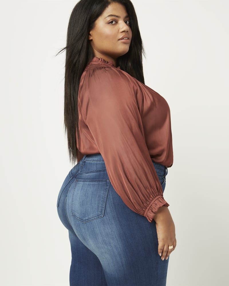 Front of a model wearing a size 1X Blair Smocked Blouse in Brown by CMV. | dia_product_style_image_id:216112